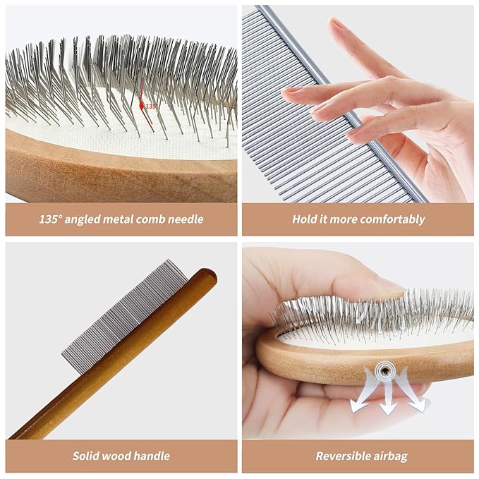 3 Pcs Dog Slicker Brush for Shedding & Long Hair - Detangling Grooming Brush for Doodles, Poodles, Goldendoodles & Cats, Comb Set with Wooden Handle for Mats & Tangles