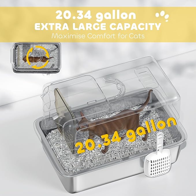 PawHut Stainless Steel Cat Litter Box, Extra Large 2 in 1 Metal Kitty Litter Pan with High Enclosure, Removable Lid & Scoop, Filter Bags, Easy to Clean, for Small to Large Kittens, Gray