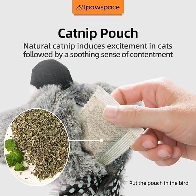 Interactive Flapping Bird Cat Toy with Catnip, Touch Activated Rechargeable, Musical Sound (can Turn Off), Satisfy Cat's Natural Huting Instinct, Soft Plush Washable Cover (Red)