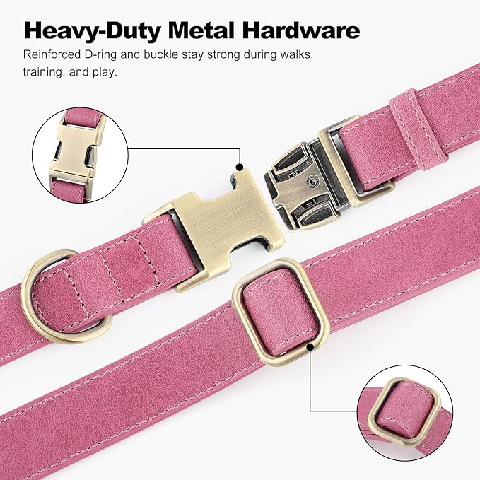 Plutus Pet Genuine Leather Dog Collar – Adjustable Pet Collar with Quick Release Metal Buckle, Soft Real Leather for Small Medium Large Dogs, Heavy Duty & Skin-Friendly (Pink, S)