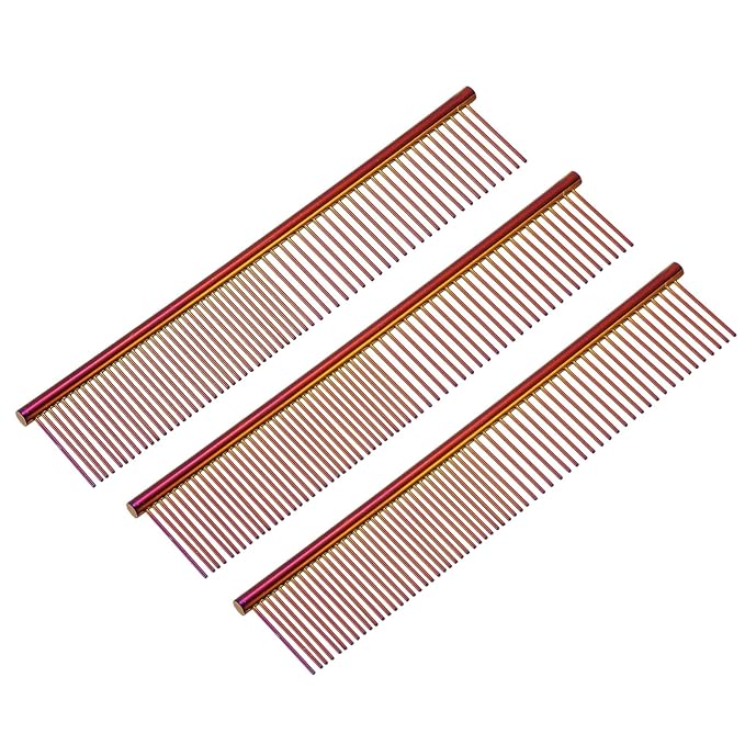 Dog Cat Comb, Pet Combs Stainless Steel Teeth with Rounded Ends for Knots Mats Loose Hair Removal, 7.5IN (Purple Plated, 3 Pack), Grooming Tool Intended for Long Curly Hair Pet