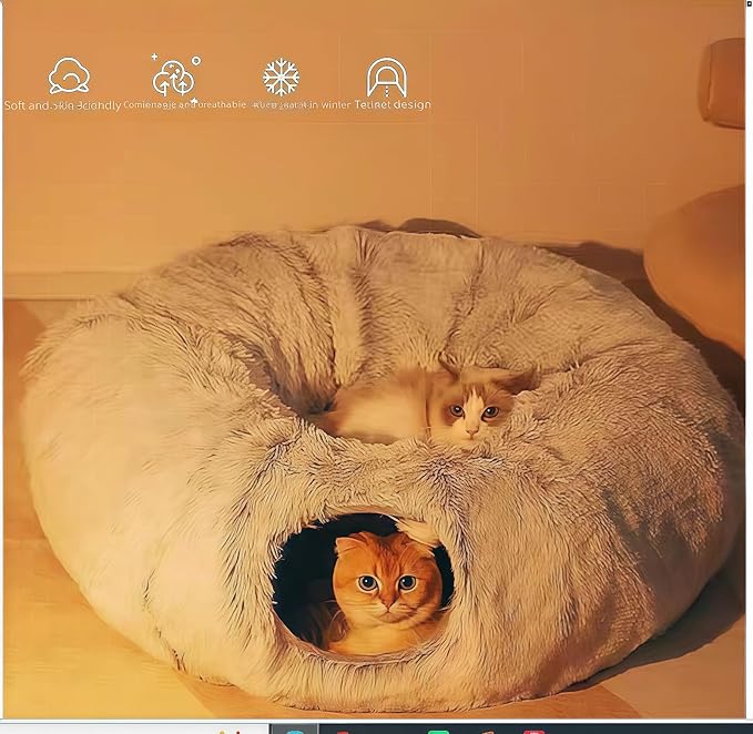 Cat Bed, Tunnel cat Bed, Foldable Furry cat Bed, Grey (33.46 inches), with Hanging Toys, Suitable for Multiple Cats Machine Washable