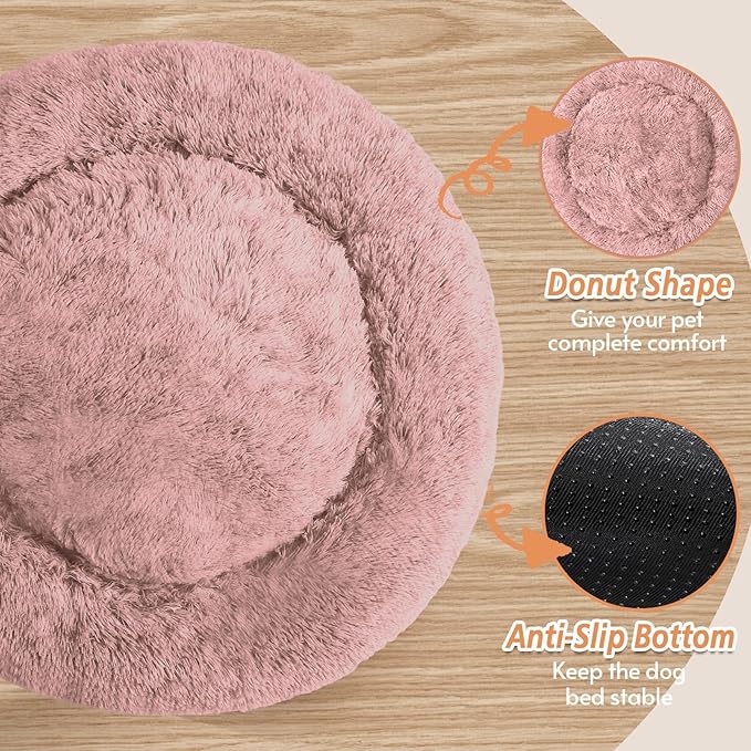 JOLLYVOGUE Calming Dog Bed Medium Size Dog, Anti-Anxiety Donut Medium Pet Bed, 31 inches Fluffy Faux Fur Round Cat Bed, Fits up to 45 lbs Pets (Dark Pink)
