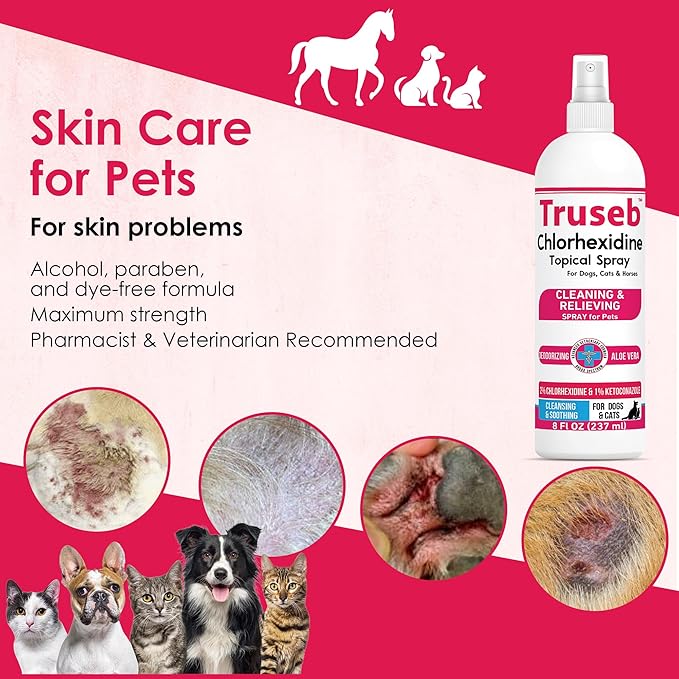 Truseb Topical Ketoconazole and Chlorhexidine Spray for Dogs, Cats, and Horses with Aloe - 8 oz (Ketoconazole & Chlorhexidine Spray, 8 oz)