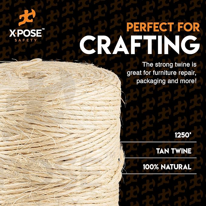 Sisal Twine - 1 Ply 1250 Ft Thin Natural Fiber Rope on Spool - Rope Cat Scratching Post, Rope for Cat Scratcher, Cat Tree Replacement Parts, Pet Toy - Decorative Cordage for Crafts, Pole Wrap 6 Pack