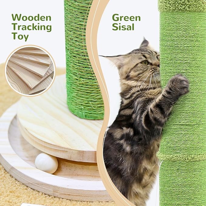 Globlazer Extra Thick Scratching Posts for Indoor Large Cats Adults, 37inch Cactus Cat Scratching Post Cat Scratcher Cute Sisal Scratching Post with Modern Wooden Ball Tracking Interactive Toys, SC37
