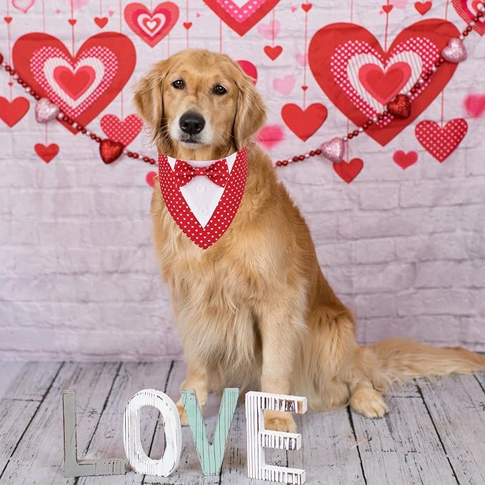 ADOGGYGO Valentine Dog Tuxedo Bandana, Red Heart Pet Tux with Bowtie Adjustable Valentine Costume for Large and Extra Large Dogs Pets (XL)