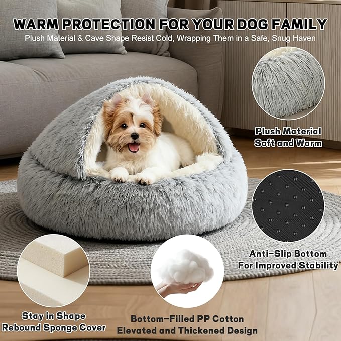 YUDANSI Calming Small Dog Bed & Indoor Cat Bed - Plush Fluffy Hooded Cave Nest, Anti-Slip Self-Warming, Removable Washable Zipper Cover, Built-in No-Collapsing Support (Grey-65cm/26in)