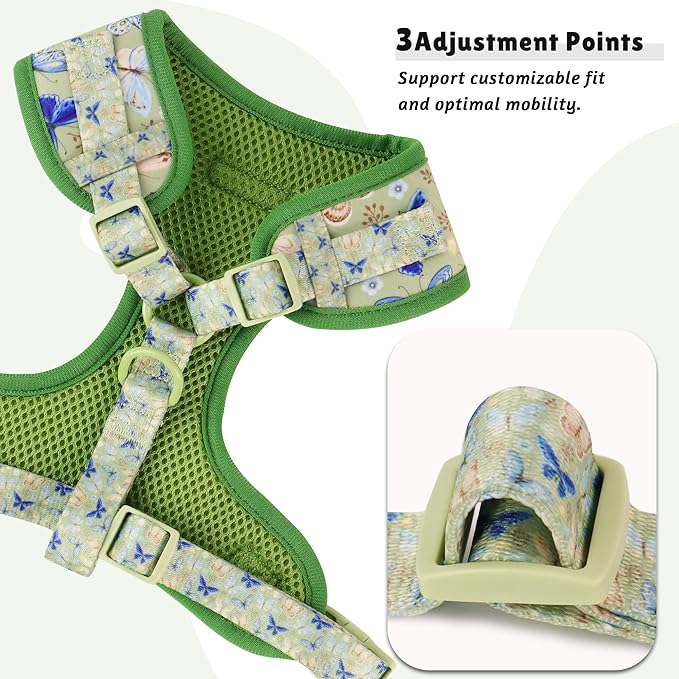 Butterfly Printed Dog Harness with D-Ring Leash Clip Set,Adjustable Soft Padded and Cotton Fabric Pet Vest for Medium and Small Dogs (Green, Medium)