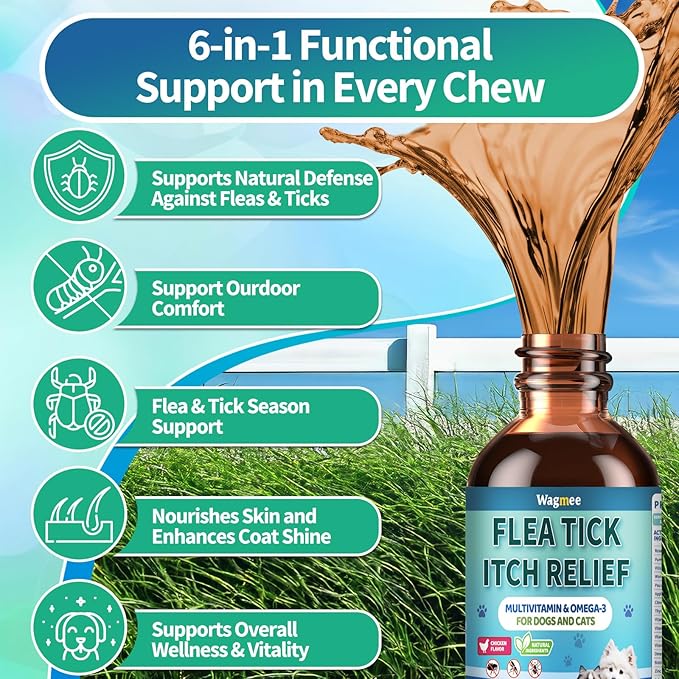 Flea and Tick Prevention for Dog and Cat, Natural Oral Flea & Tick Itch Relief Support Drops with Multivitamin for Pets - Supports Healthy Skin & Coat - Oral Supplement for All Breeds & Ages - Chicken