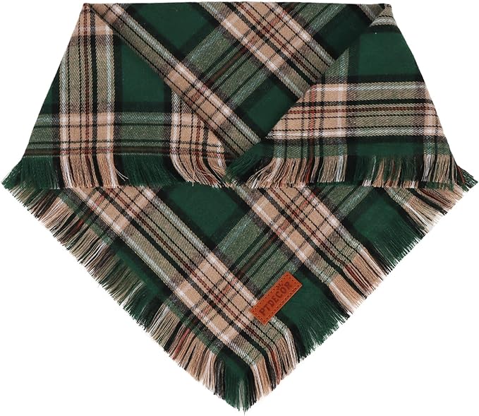 PTDECOR Christmas Dog Bandanas with Tassels Edges, Stylish Red Green Plaid Scarf Bib, Multiple Size, Reversible Triangle Christmas Bandanas for Medium Large Dogs Pets (Large)