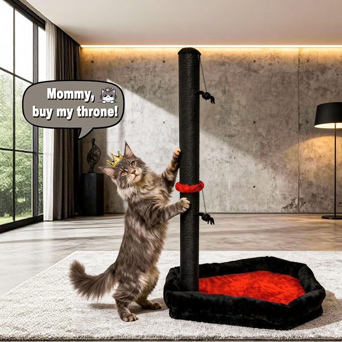 Gothic Cat Scratching Post with Bed, 34" Tall Cat Scratcher for Indoor Cats - Modern Sisal Scratch Post with Spider Dangling Toys for Kittens and Adult Cats