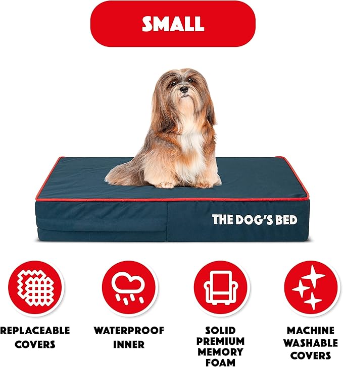 The Dog’s Bed Orthopedic Memory Foam Dog Bed, Small Blue/Red, Pain Relief for Arthritis, Hip & Elbow Dysplasia, Post Surgery, Lameness, Supportive, Waterproof Washable Cover, Veterinary Approved