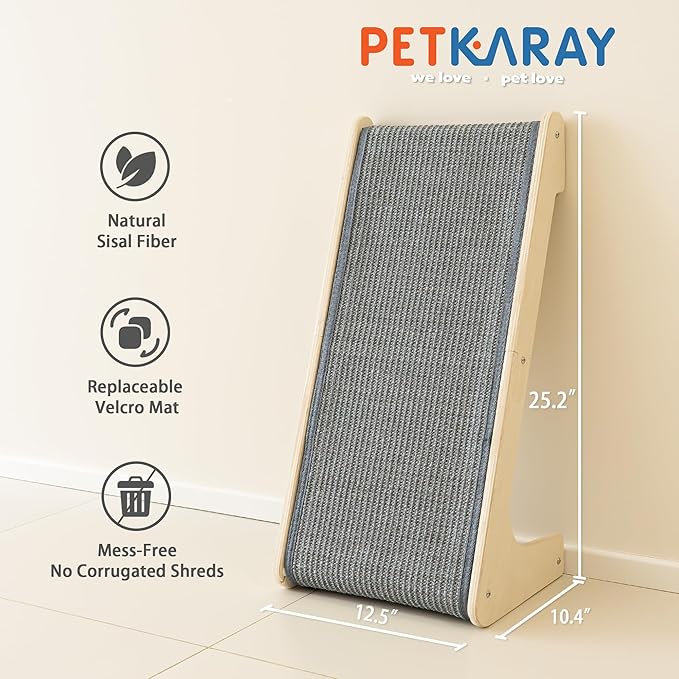 PETKARAY L Shape Cat Scratcher, Sisal Kitty Scratching Ramp, Vertical Scratch Pad for Indoor Cats, 25.2" Furniture Protector with Catnip, Grey