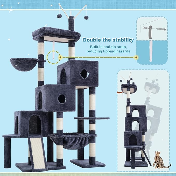 Hey-brother Cat Tree Tower, Scratching Posts with 3 Condos, Large Basket, Cozy Bed, Sisal Board, Step-by-Step Climbing Pathway and Toys, 74.8 inches Furniture for Big Indoor Cats, Smoky Gray MPJ081G