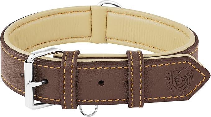 Riparo Brown Leather Dog Collar - Heavy Duty Wide Dog Collar for Small, Medium, Large and Extra Large Dogs with Dog Tag Holder (L: 1.5" Wide for 17"-21" Neck, Brown)