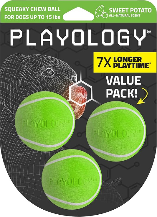 Playology Dog Toys | Squeaky Chew Ball - Bouncy Durable Floating Fetch Ball for Dogs, Value 3-Pack | Small Sweet Potato Scented Toy - Easy to Clean and Made from Non Toxic Materials