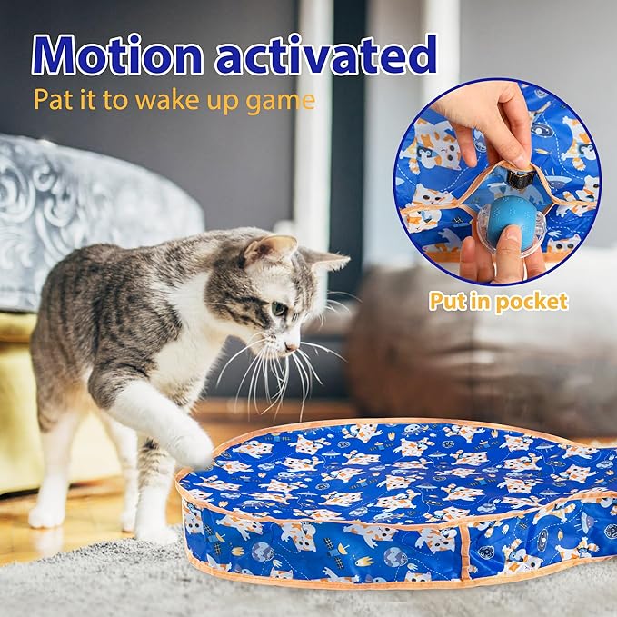 Interactive Cat Toys, Fast Rolling Ball in Play Pocket, Automatic Motion Activated Moving Ball Hide and Seek Mouse Catching Game (Blue)