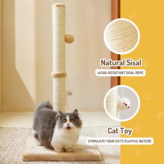 MeowHomm 32” Tall Cat Scratching Posts for Indoor Cats Adults with 2 Hanging Ball, Large Cat Scratch Post Cat Scratcher Includes Sisal Rope(Yellow)