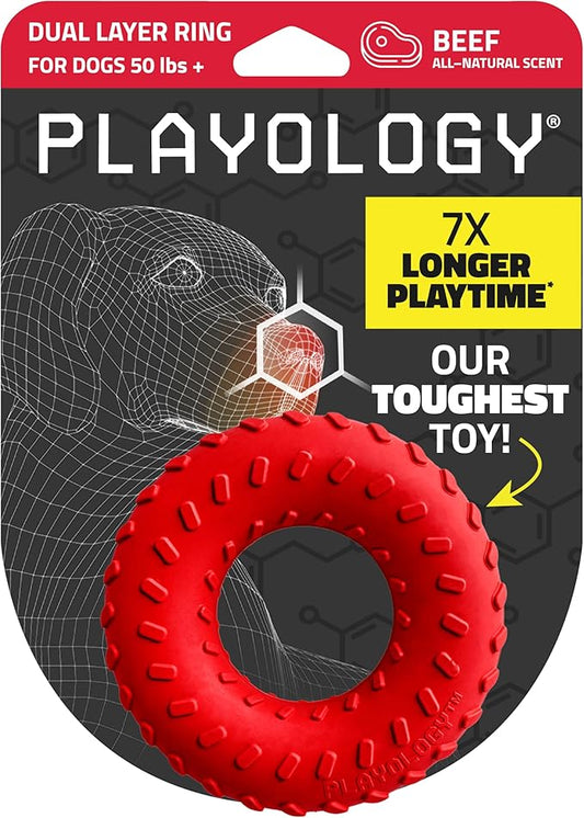 Playology Dog Toys | Dual Layer Ring Durable Chew Toy for Aggressive Chewers | Jumbo Beef Scented Toy - Easy to Clean and Made from Non Toxic Materials