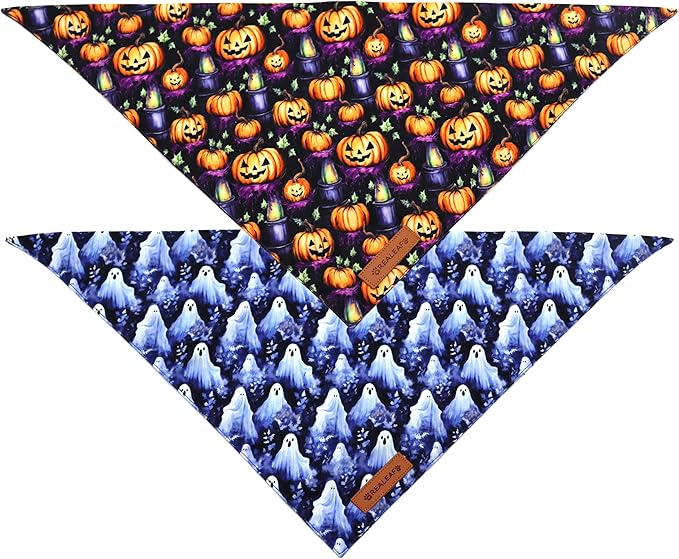 Realeaf Halloween Dog Bandanas 2 Pack, Pumpkins and Ghosts Pet Scarf for Boy and Girl, Premium Durable Fabric, Holiday Bandana for Large and X-Large Dogs Pets (X-Large)