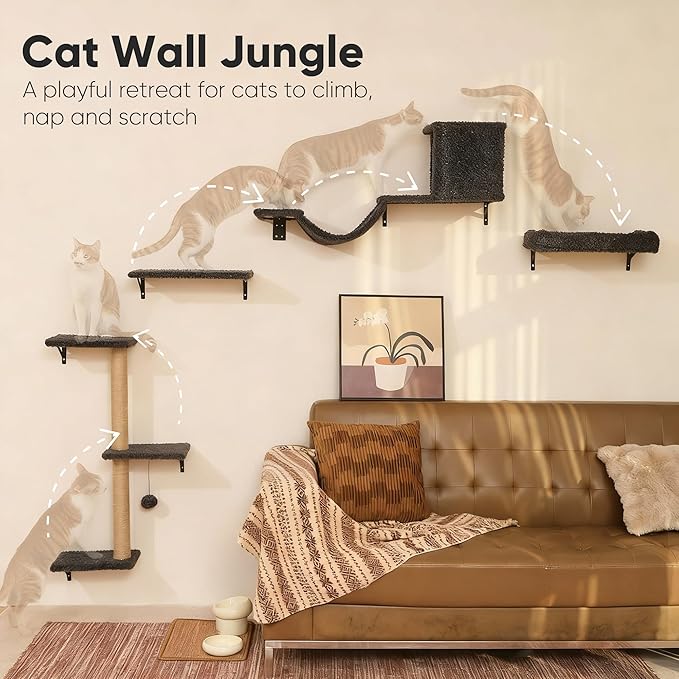 FUKUMARU Cat Wall Shelves, Stable & Safe 4 in 1 Cat Furniture Set, Wooden Climbing Wall with Scratching Post for 16 Inch Drywall - Gray