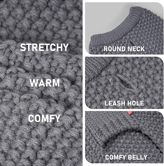 KYEESE Dog Sweater for Large Dogs with Leash Hole Warm Pullover with Reflective Yarn Male Thick Stretchy Knitwear Winter Soft Pet Coat boy for Cold Weather Comfy Dog Sweaters,Grey,XXX-Large