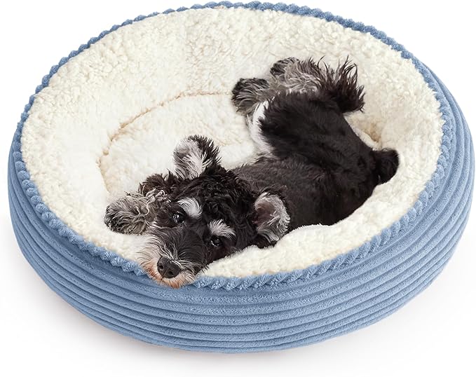 Love's cabin Round Donut Cat and Dog Cushion Bed, 25in Pet Bed for Small or Medium Dogs, Anti-Slip & Water-Resistant Bottom, Soft Durable Fabric Pet Beds, Washable Calming Cat Bed Sky Blue Stripe