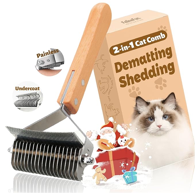 FelineFun Cat Brush for Dematting & Deshedding, 2 in 1 Undercoat Rake, Efficiently Remove Loose Hair & Matted Fur, Professional Shedding Comb for Indoor Cats & Long Haired Cats