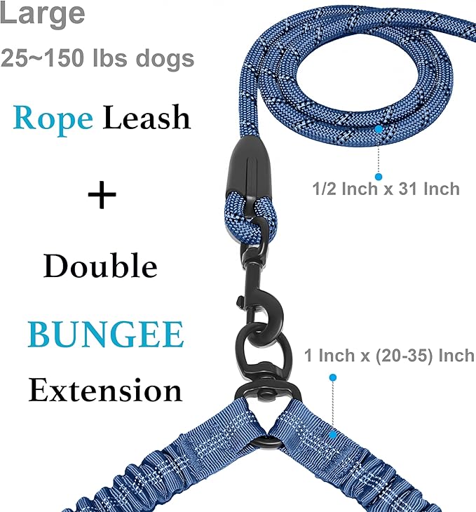 iYoShop Dual Dog Leash - 360° Swivel, No Tangle Walking Leash with Shock Absorbing Bungee for Two Dogs (Large, 25-150 lbs, True Navy)