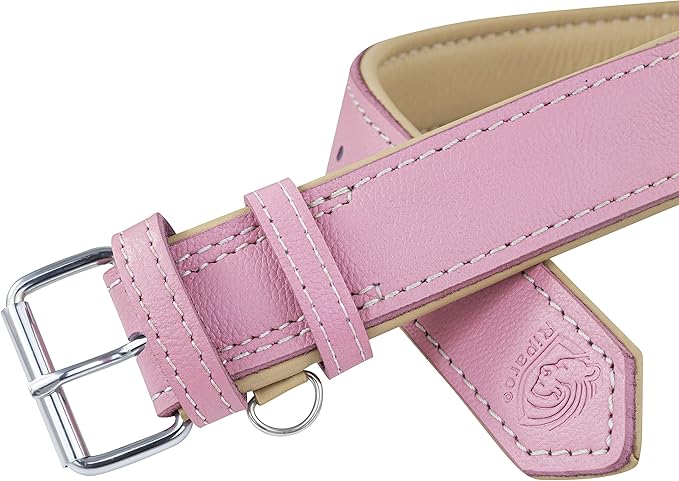 Riparo Genuine Leather Pink Dog Collar Heavy Duty K-9 Adjustable Dog Collar (M: 1” Wide for 13.5”-17.5” Neck, Pink)