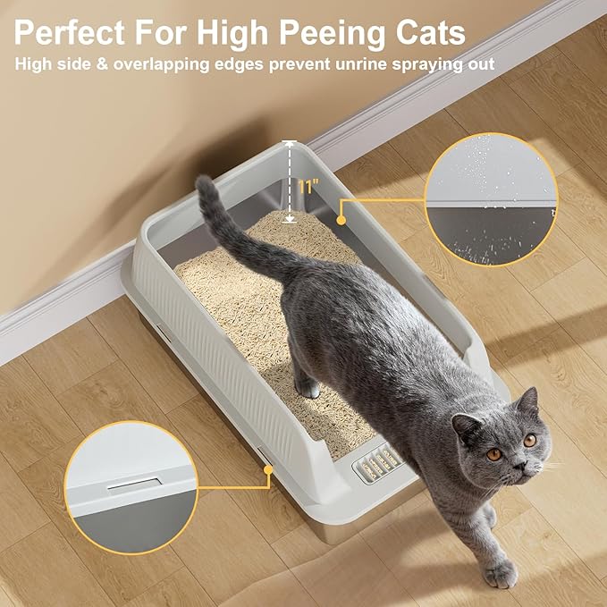 TENTIZON Stainless Steel Cat Litter Box with Lid, Open Top Large Metal Kitty Litter Pan with High Side, Litter Mat, Scoop for Indoor Cats, Kitten, Multi-Cats Home, Odor Control, Leak Proof, Easy Clean