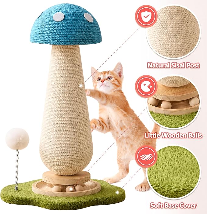 Mushroom Cat Scratching Post Cat Tree, 21.5‘’ H Cute Cat Scratcher Tower with Durable Solid Wood Turntable Toy, Mushroom Scratch Post Cat Sisal Scratcher with Catnip for Indoor Adult Cats-Blue