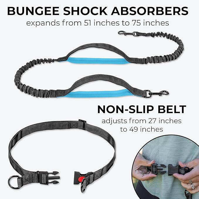 Squirrel Products Hands Free Dog Leash with Hip Belt/Crossbody Strap, Zipper Pouch, and Shock Absorbing Bungee for Walking or Jogging with pet (Black, Blue)