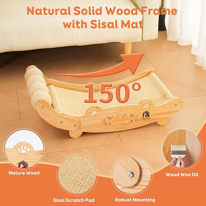 Sisal Cat Scratch Pad, Wooden Cat Scratching Board with Sisal Cat Scratch Mat and 4 Balls, Cat Scratchers for Indoor Cats Scratch & Lounger & Sleep (Large Size, Nature Wood)