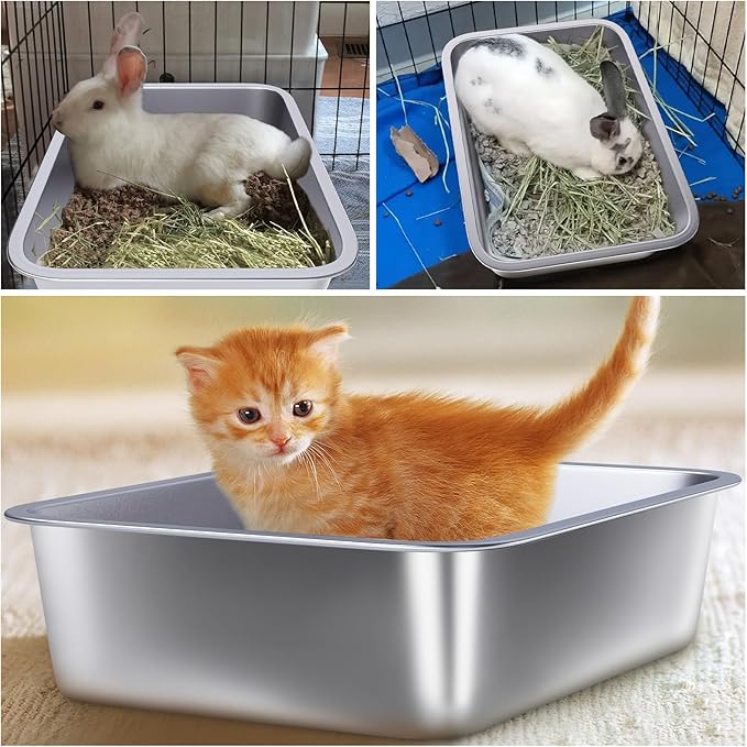 Small Stainless Steel Litter Box 2 Pack,15.7"x11.8"x4" Small Litter Box for Kittens, Easy Clean Non Stick Easy Entry No Smell Metal Litterbox for Kitty/Rabbits