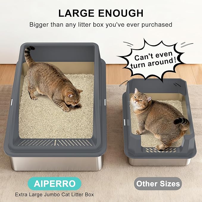 Stainless Steel Litter Box Extra Large for Big Cats and Multi-Cats | Jumbo Extra Large Metal Cat Box with High Sided Lid, Anti-Urine Leakage, Non-Stick,Include Litter Scoop