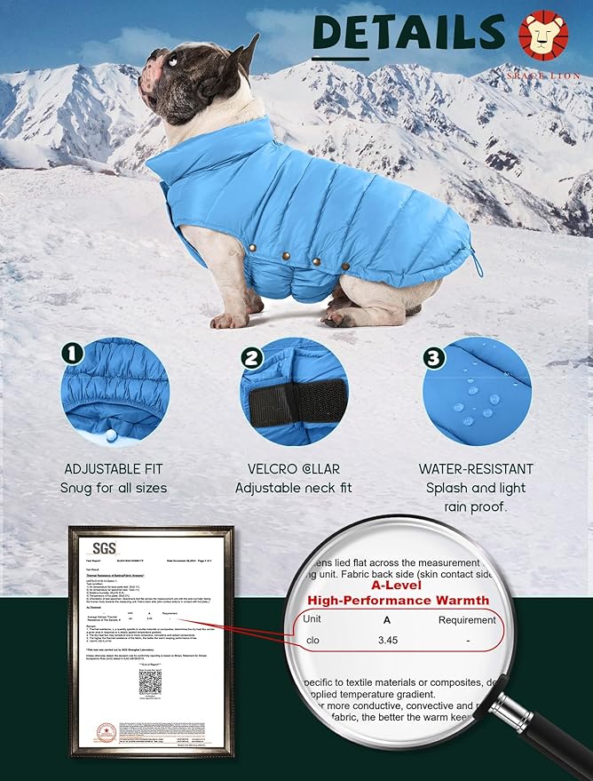 SPACE LION Dog Puffer Jacket, Down Winter Coat, Durable Outdoor Coat for Cold and Windy Conditions, Lightweight & Adjustable Fit Coats for Medium & Large Dogs, (Alaskan Blue, Size 16 Gift Box)