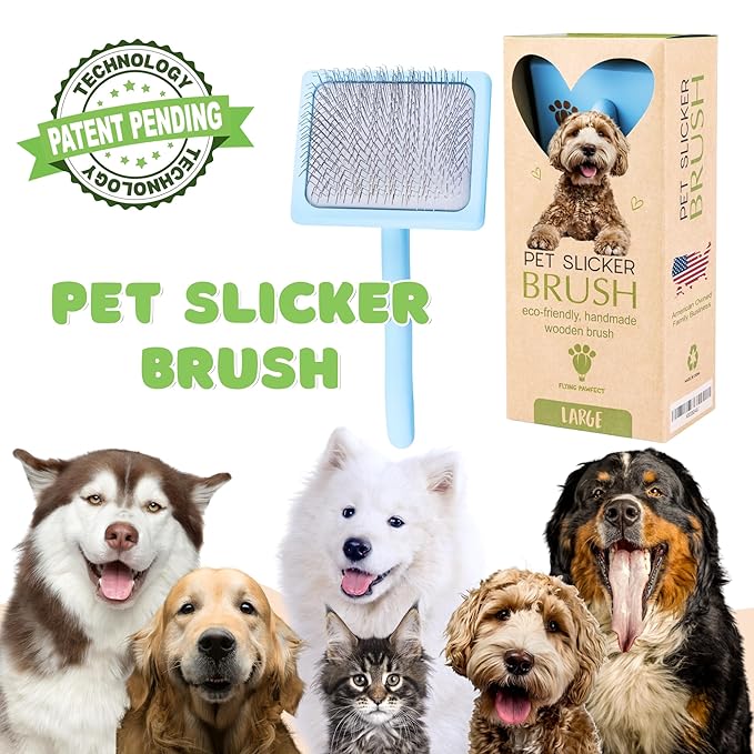 Pet Slicker Brush With Soft Massage Grooming Stainless Steel Pins - For Dematting, Shedding Fur, and Undercoat - Ideal Gift for Professional Pet Groomers - Long Slicker Brush