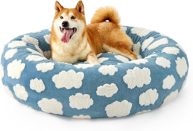 Lesure Shown on TV Donut Dog Beds Large Size Dog - XL Calming Round Sofa as Present for Pets with Washable Cover, Orthopedic Home Decor Bed with Jacquard Shaggy Plush & Anti Slip Bottom, 36 Inch，Blue