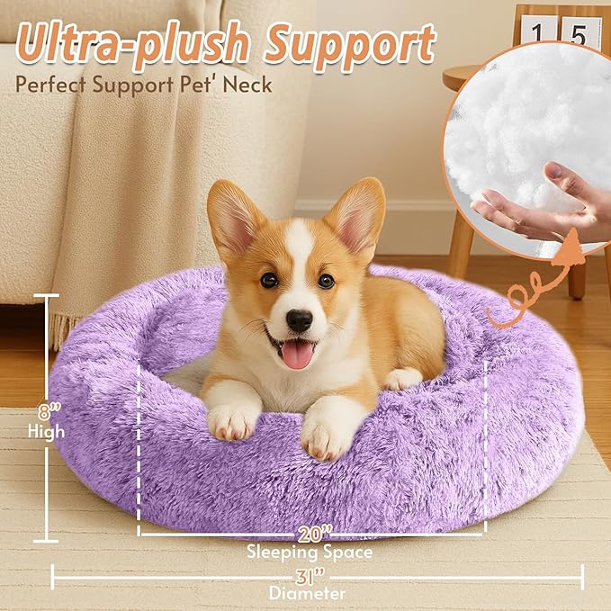 JOLLYVOGUE Calming Dog Bed Medium Size Dog, Anti-Anxiety Donut Medium Pet Bed, 31 inches Fluffy Faux Fur Round Cat Bed, Fits up to 45 lbs Pets (Purple)