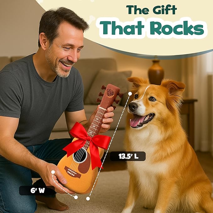 Acoustic Guitar Dog Toy – Christmas & Birthday Dog Gift, Interactive Squeaker & Crinkle, Plush & Cute, Fun Puppy Stocking Stuffer