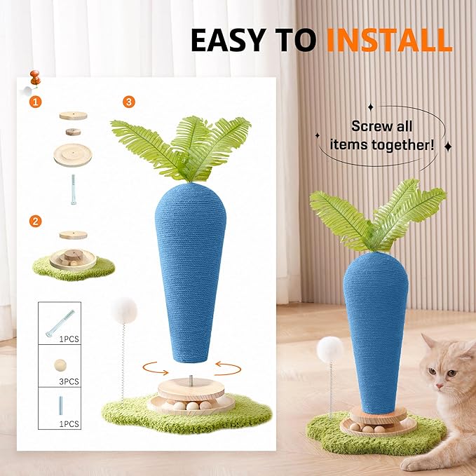 Cute Cat Scratching Post, Carrot Cat Scratcher Post with Durable Natural Wooden Turntable Toy and Catnip, 24'‘ H Blue Carrot Shape Design Sisal Cat Tree Sisal Scratcher for Indoor Cats (Cloud Base)