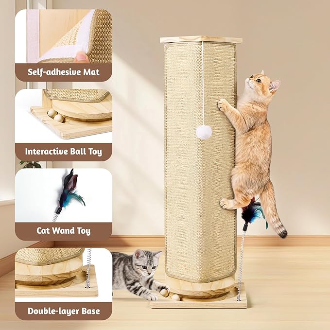 Couch Corner Cat Scratcher, 31'' Tall Cat Scratching Post with Interactive Ball Toys, Replaceable Sisal Scratch Pad for Indoor Cats, Furniture Protector for Sofa Wall