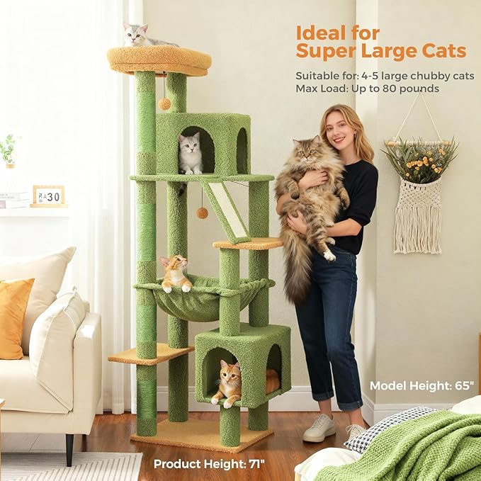 Cactus Tall Cat Tree 71" for Large Cat 20 lbs with Super Large Hammock, Heavy Duty Cat Tower with 4 Sisal Scratching Posts & 2 Spacious Condos for Big Adult Cats Maine Coon-Green