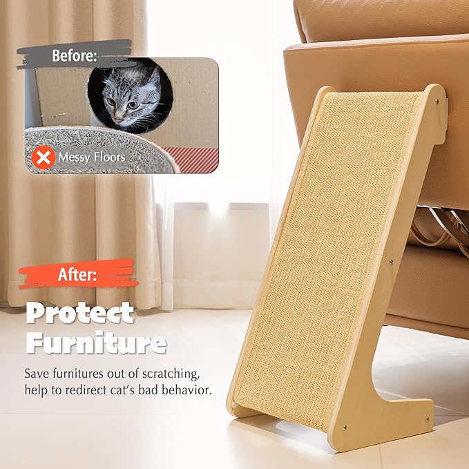 PETKARAY L Shape Cat Scratcher, Sisal Kitty Scratching Ramp, Vertical Scratch Pad for Indoor Cats, 25.2" Furniture Protector with Catnip, Classic