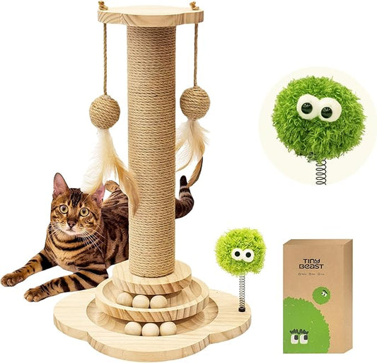 TINYBEAST Wooden Cat Scratching Post, 4 in 1 Cat Scratcher Toy with Cat Ball Tracks, 18" Tall Sisal Scratch Post for Indoor Kittens Adult Cats, Interactive Feather Toy and 2 Sisal Hanging Balls