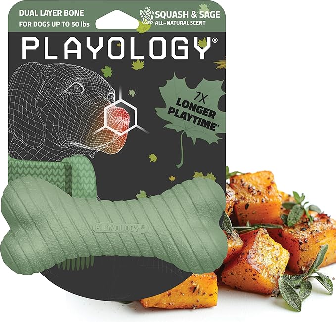 Playology Dog Toys | Dual Layer Bone Durable Chew Toy Bone for Dogs | Medium Butternut Squash & Sage Scented Toy - Limited Edition Fall Scent | Easy to Clean and Made from Non Toxic Materials