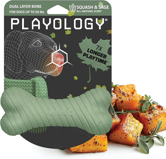 Playology Dog Toys | Dual Layer Bone Durable Chew Toy Bone for Dogs | Medium Butternut Squash & Sage Scented Toy - Limited Edition Fall Scent | Easy to Clean and Made from Non Toxic Materials