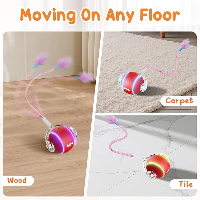 Interactive Cat Toys for Indoor Cats,3 Modes Electric Moving Cat Ball with Feather Tail,800MAH Large Capacity & Low Noise,Automatic Kitten Toys for Bored Indoor Adult Cats